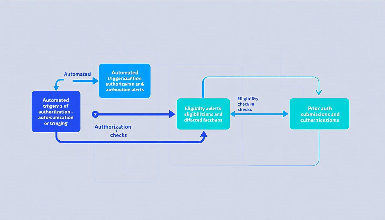 Keragon HIPAA-compliant workflow diagram showing automated authorization alerts, eligibility verification, and prior auth submission triggers for an ABA practice