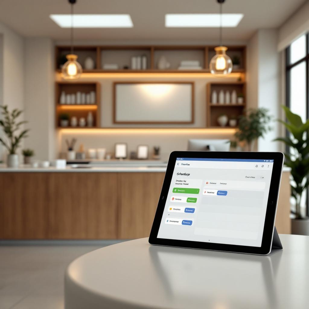 Dental practice front desk with a tablet showing scheduling software, warm modern office setting