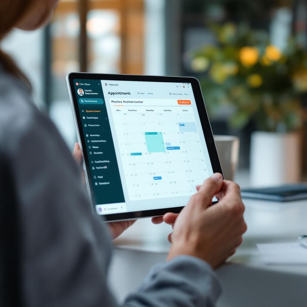 Practice manager using a custom AI scheduling assistant on a tablet, appointment calendar visible