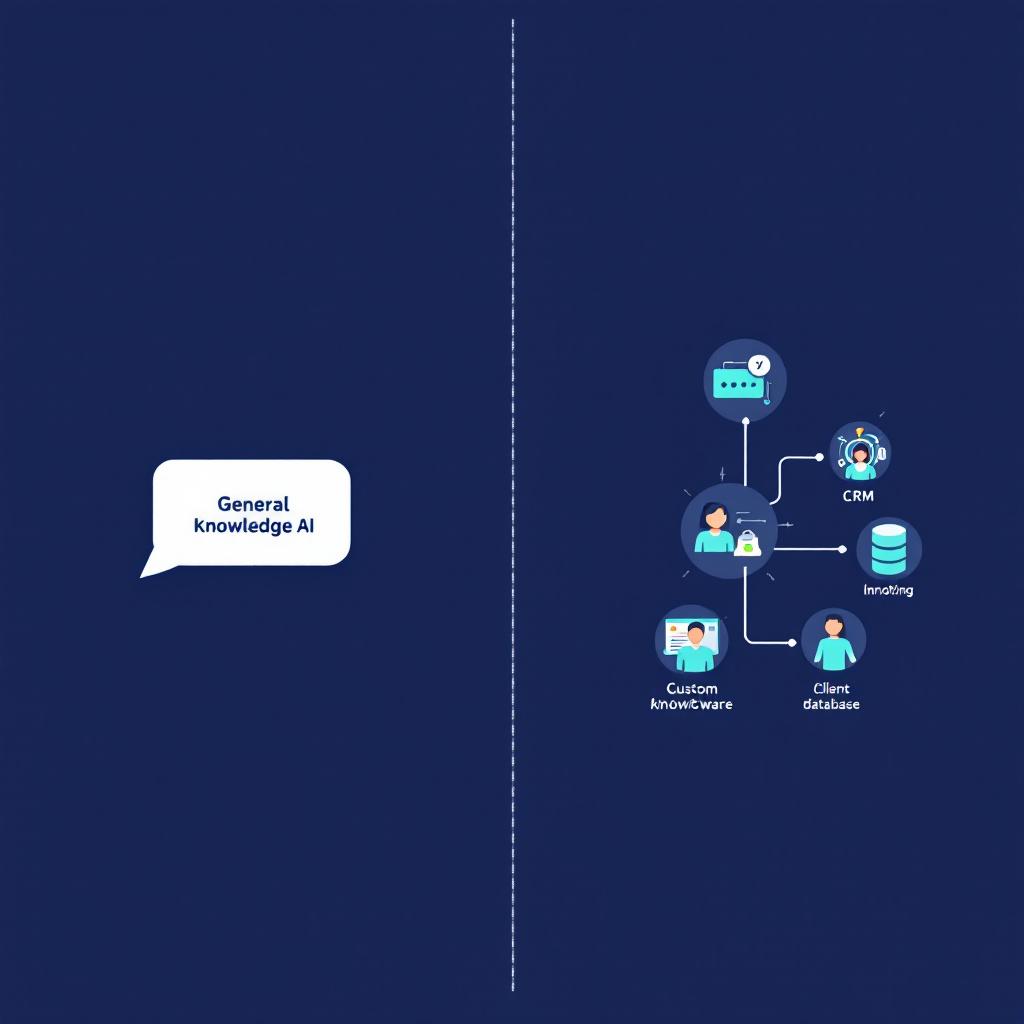 Diagram comparing a generic AI chatbot versus a custom AI system connected to CRM, calendar, and invoicing tools