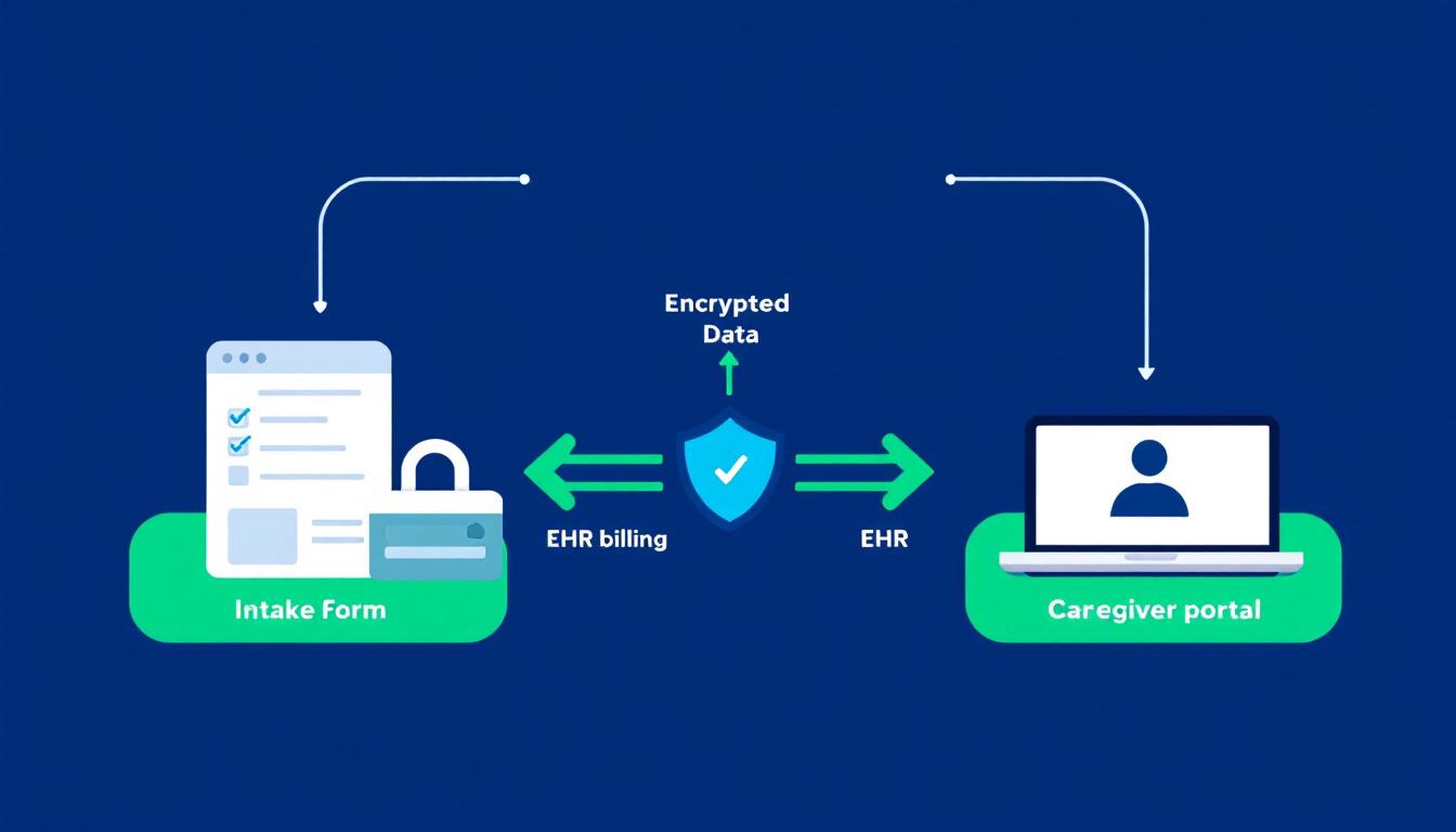 Diagram of a HIPAA-compliant ABA practice tech stack — data flow from intake through session collection to billing with security controls at each step