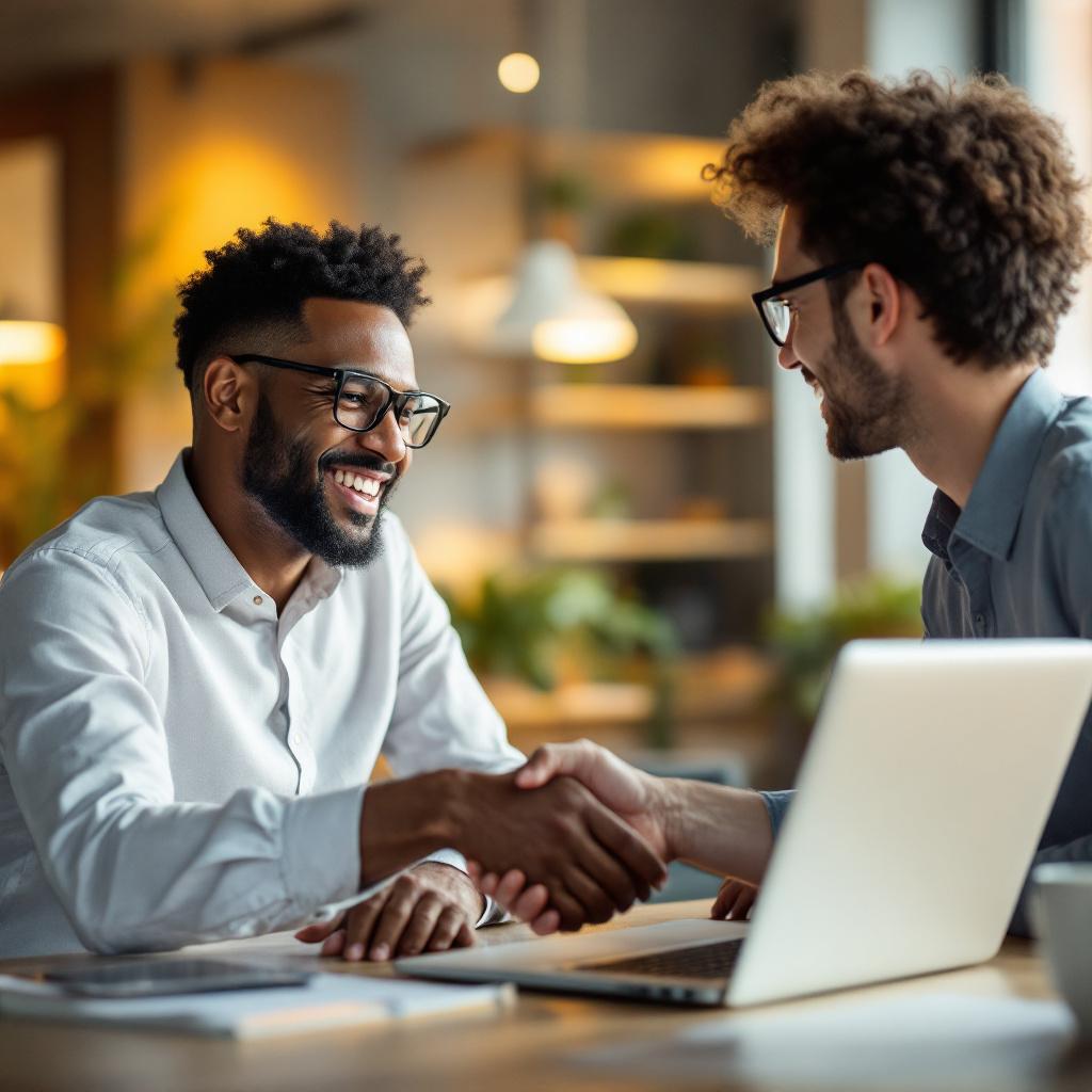 Business owner interviewing an AI developer, professional office setting