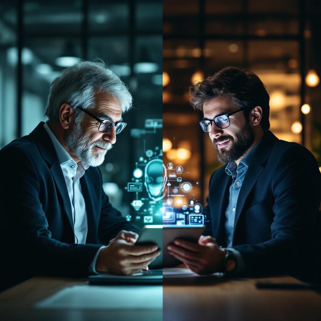 Experienced and younger entrepreneurs evaluating AI technology side by side