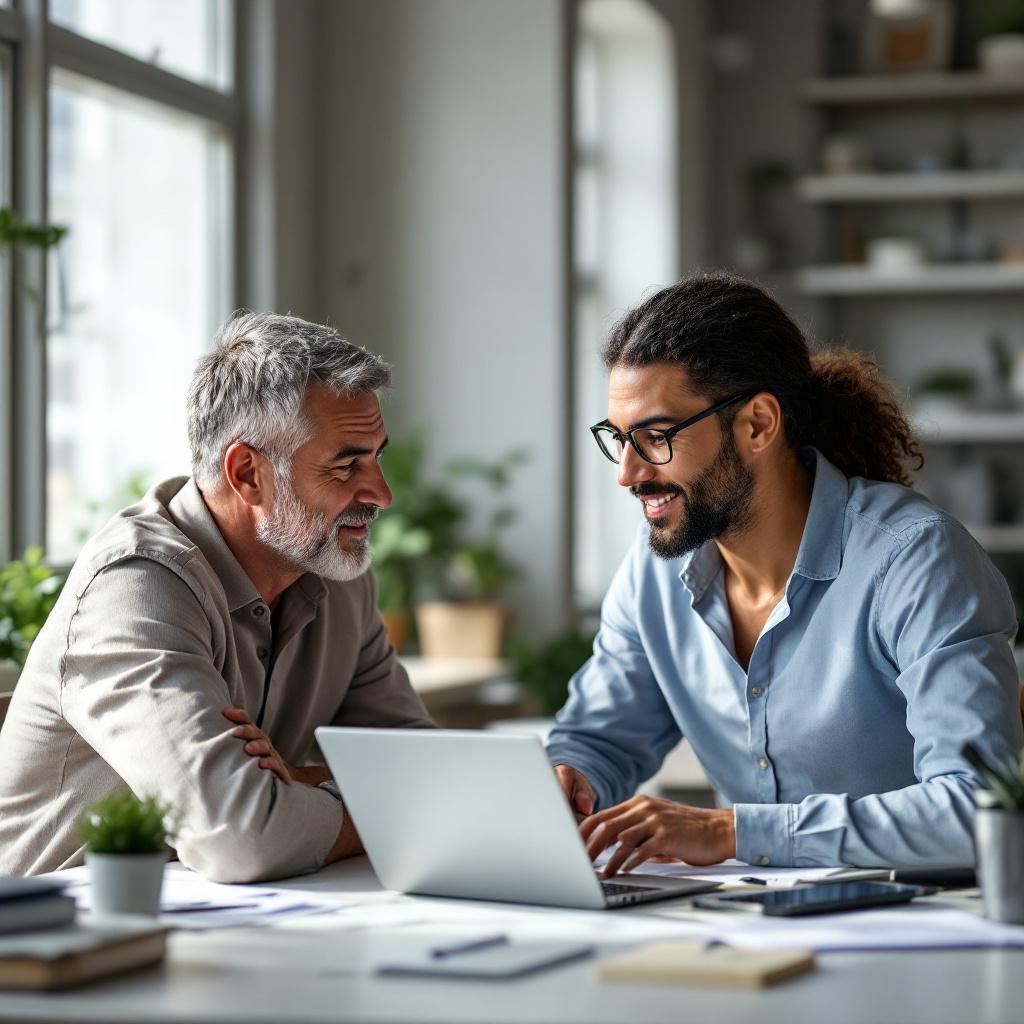 Mature business owners reviewing AI dashboards in a modern office